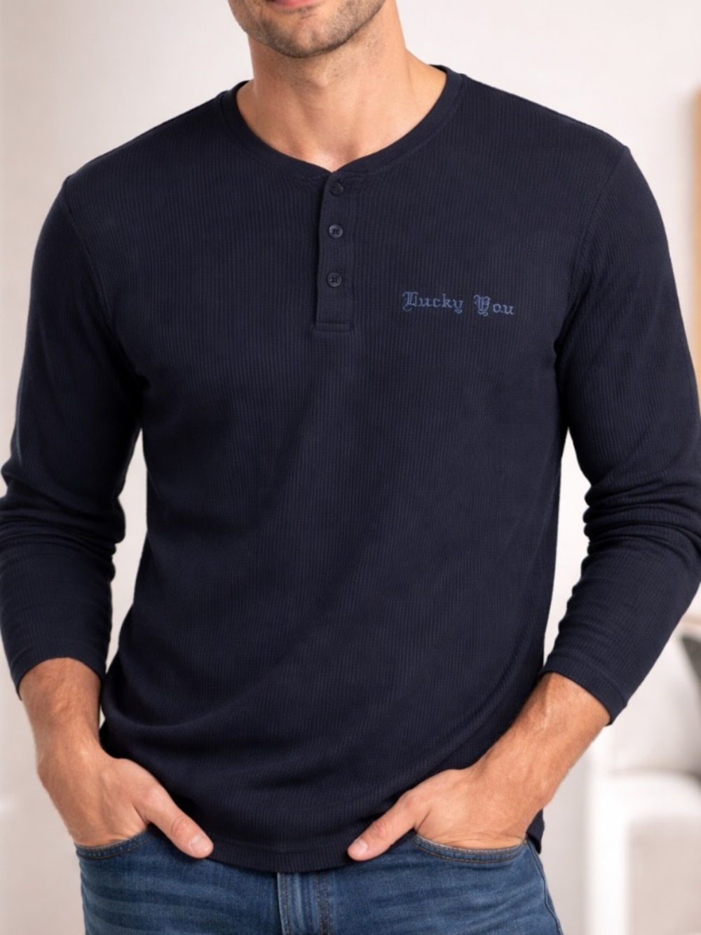 Lucky Brand Henley Waffle Shirt Men’s Large Long Sleeve Navy Blue